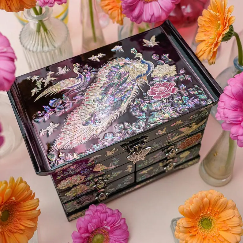 FEBRUARY MOUNTAIN Mother of Pearl Jewelry Box w/ 4 Drawers Peacock Design Wedding Birthday Christmas Gifts for women who have everything