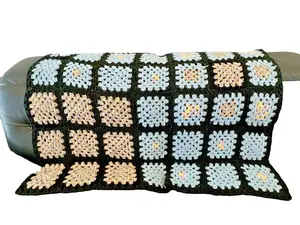 VTG Granny Square Afghan Blanket Throw Handmade Crochet Blues White Black 48x36
