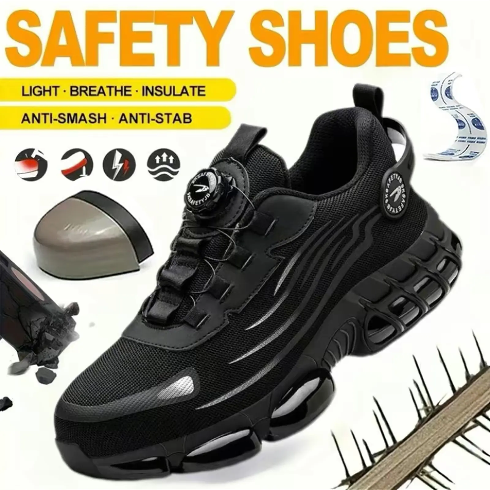 Men's Breathable Mesh Work Sneakers-Durable,Anti-Slip Safety Shoes with steel toe Protection,Comfort fit for all seasons,Casual striped design,Elastic closure,Non-slip Eva sole outdoor fun Fathersdaygift Black 266 Worker Footwear Boy Closed Women Creeper