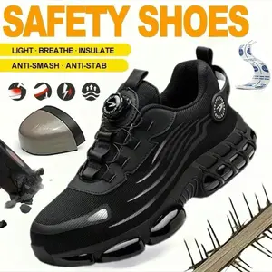 Men's Breathable Mesh Work Sneakers-Durable,Anti-Slip Safety Shoes with steel toe Protection,Comfort fit for all seasons,Casual striped design,Elastic closure,Non-slip Eva sole outdoor fun Fathersdaygift Black 266 Worker Footwear Boy Closed Women Creeper