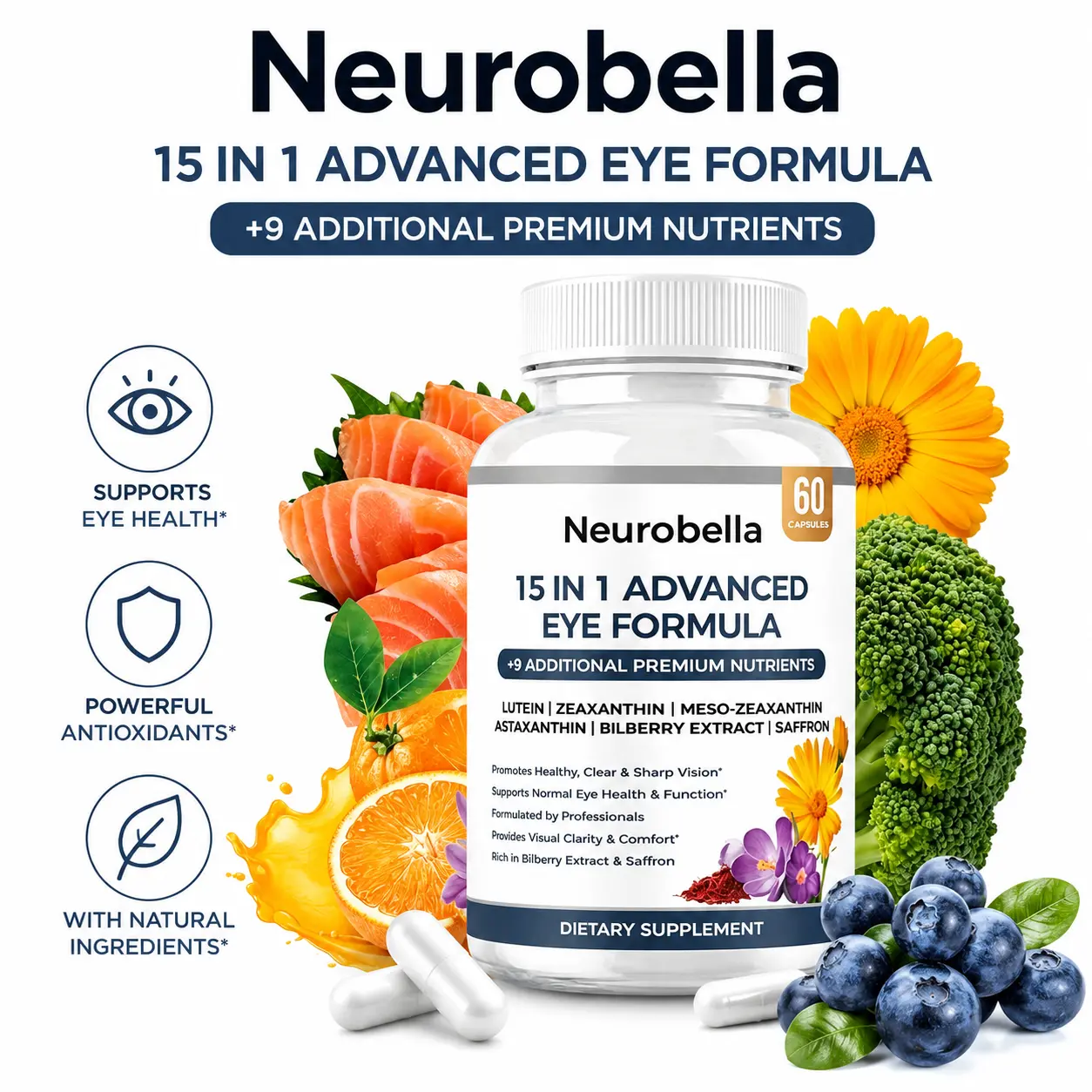 Neurobella 15 in 1 Eye Support Capsules, 60 Count, Advanced Vision Nutrition Supplement, Convenient Daily Eye Care