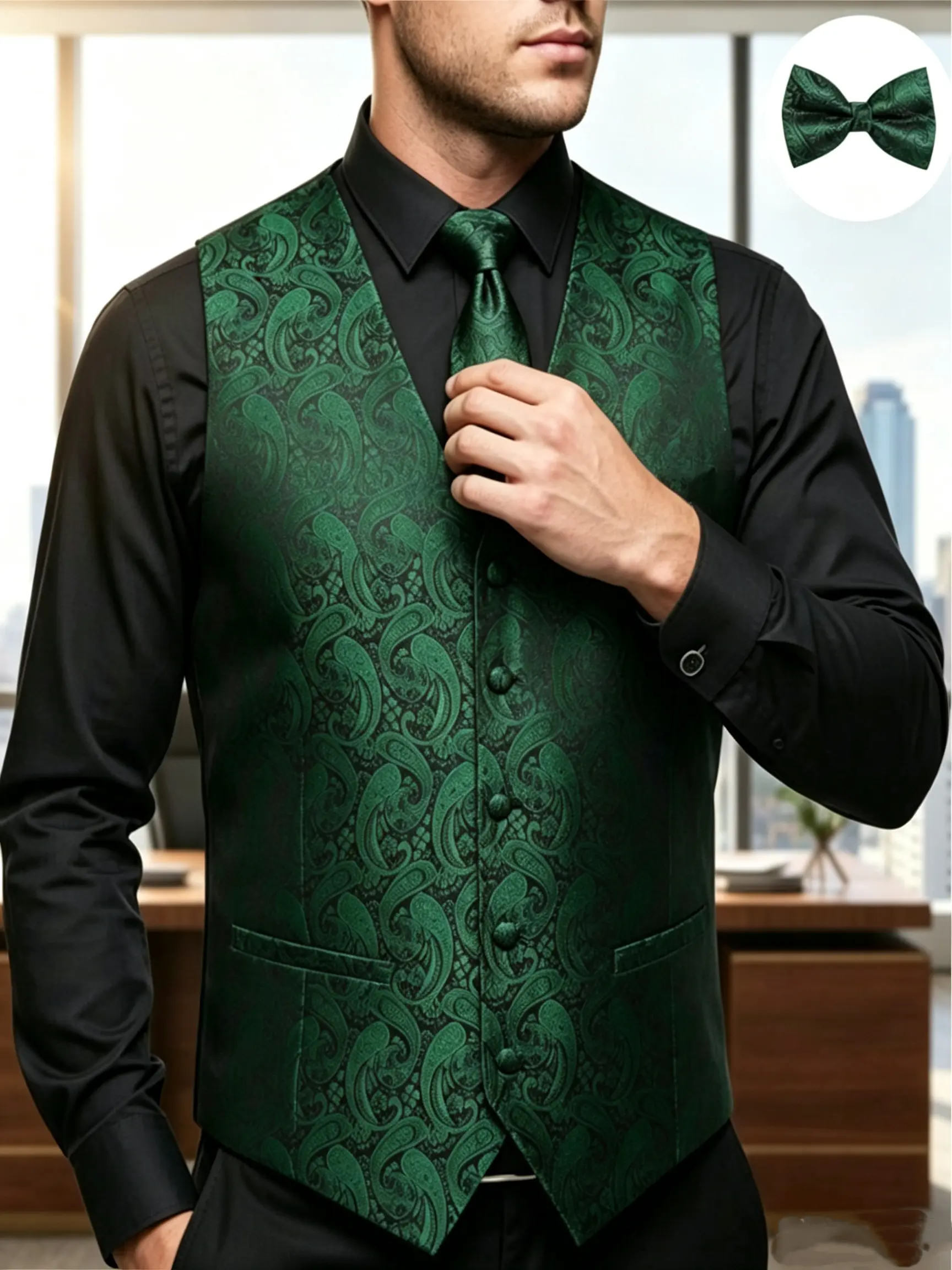 ALIZEAL Men's 5-Piece Sleeveless Paisley Jacquard Button-Down Waistcoat Set - Classic Formal V-Neck Tuxedo Vest with Matching Pocket, Tie, Textured Fabric for Wedding, Prom Nights, Menswear, Suit