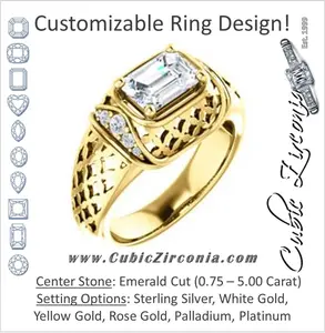 Cubic Zirconia Engagement Ring- The Leilani (Customizable Emerald Cut Vintage Crown Setting with Oversized Crosshatch Band)
