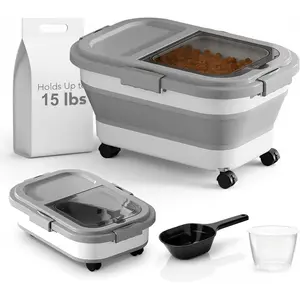 15 Lbs Dog/Cat Food Storage Container,Collapsible Food Storage Containers with Rolling Wheel Airtight Locking Lid,Pet Food Storage Container with Cup and Scoop,Grey
