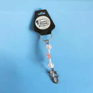 Evanne’s Originals Pink Glass and Rose Quartz Crystal Beads with Mermaid Pendant Keychain
