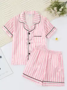 Girl's pink and white striped pajamas set, short sleeved shorts set, suitable as a gift for children Button Front Onesie Toddler