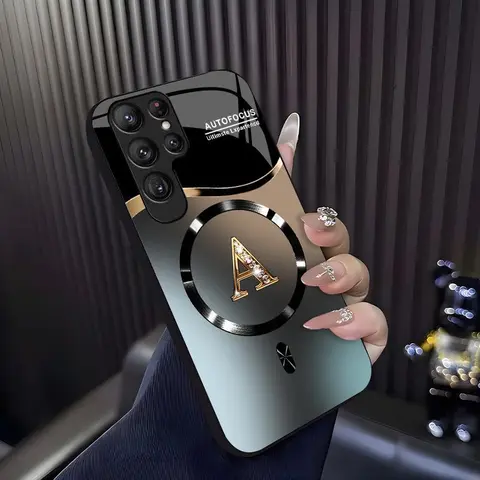 Suitable for [Galaxy S23 Ultra] high-end MagSafe phone case🥰, Features a magnetic attachment function Luxury Gradient Metallic Bling Rhinestone 26 Initial 952