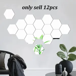 12pcs Geometric Solid Hexagonal Mirror Wall Stickers, DIY Removable Home Decor with Adhesive, Stylish Wall Art for Any Room, Unique Wall Decor, Wall Decal