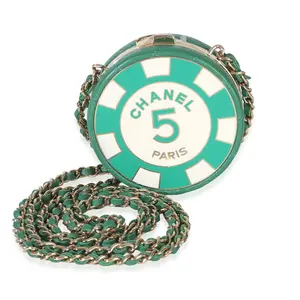 Pre-owned CHANEL Leather Shoulder Bags Green White Quilted Lambskin Enamel Round Poker Chip Clutch With Chain NY155729
