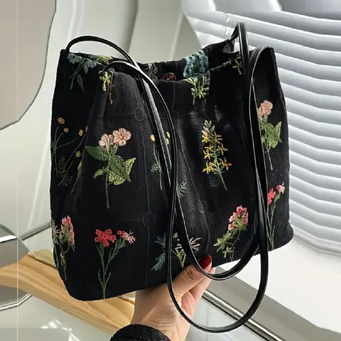 National Day Offers Random Floral Embroidered Canvas Shoulder Bag, Artsy Bag, Fashionable Large Capacity Tote Bag For Women, Trendy Women's Shopping Bag
