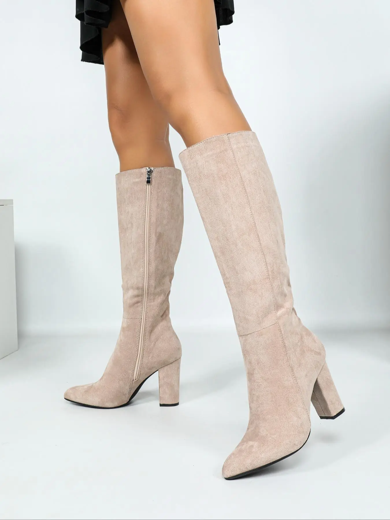 Women's Fall Fashion Pointed Toe High Heel Boots, Elegant Side Zipper Knee-High Shoes, Comfortable Autumn Winter Footwear