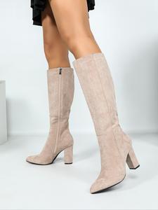 women's fashionable solid color pointed toe boots, elegant zipper design apricot knee boots for daily wear, female all-match trend shoes for fall & winter, footwear