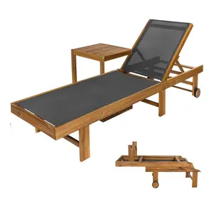 Trabuco Coastal Modern Acacia Wood Mesh 3-Position Outdoor foldable Chaise Lounge Set with Side Table