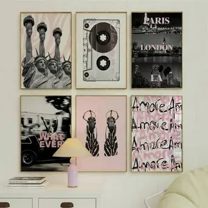 1pc Unframed, Fashionable Girlish Blush Pink Gallery, Zebra New York Paris Los Angeles London Poster, Preppy Aesthetic Wall Painting, Leopard Print Fashion High Heels Print