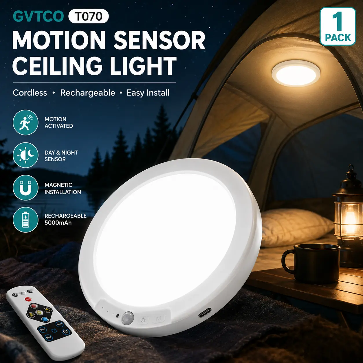 GVTCO USB-C Rechargeable Ceiling Light with Motion Sensor and Remote, 5000mAh Battery Powered LED Light, 3 Color Temperatures, Dimmable Timer, Magnetic Mount for Closet, Entryway, Hallway and Stairway, White