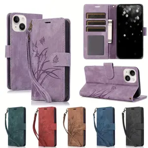 Orchid Butterfly Flower Flip Protective Phone Case iPhone 17 Pro Max 17 Air1615 14Plus 13 12 11 Pro Max Hanging Rope PU Leather Wallet Slot Stand Magnetic Phone Bag Cover Accessories
