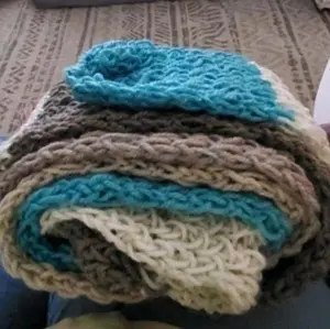 Handmade Loom Knitted Scarf - Multicolored Knit Scarf in Turquoise, Brown, Cream & Gray, Soft and Cozy Knit Design