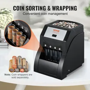 VEVOR USD Coin Sorter, Coin Sorter Machine for USD Coin 1¢ 5¢ 10¢ 25¢, Sorts up to 230 Coins/min, Coin Sorter and Wrapper Machine Holds 200 Coins Included 4 Coin Tubes, Black