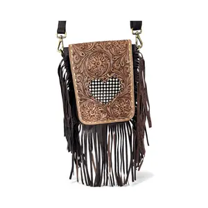 Fringe Tooled Leather Bag with Checker Heart with concealed carry