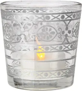 BLOWOUT Glass Candle Holder (2.5-Inch, Elisa Design, Clear, Mehndi Silver Accents) - For Use with Tea Lights - For Home Decor, Parties and Wedding Decorations