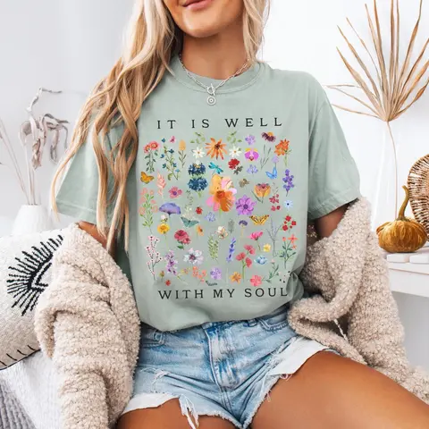 Comfort Colors It Is Well With My Soul Shirt, Christian Floral Tee, Faith Based Graphic Shirt, Bible Verse Shirt, Religious Gift for Women, Church Outfit
