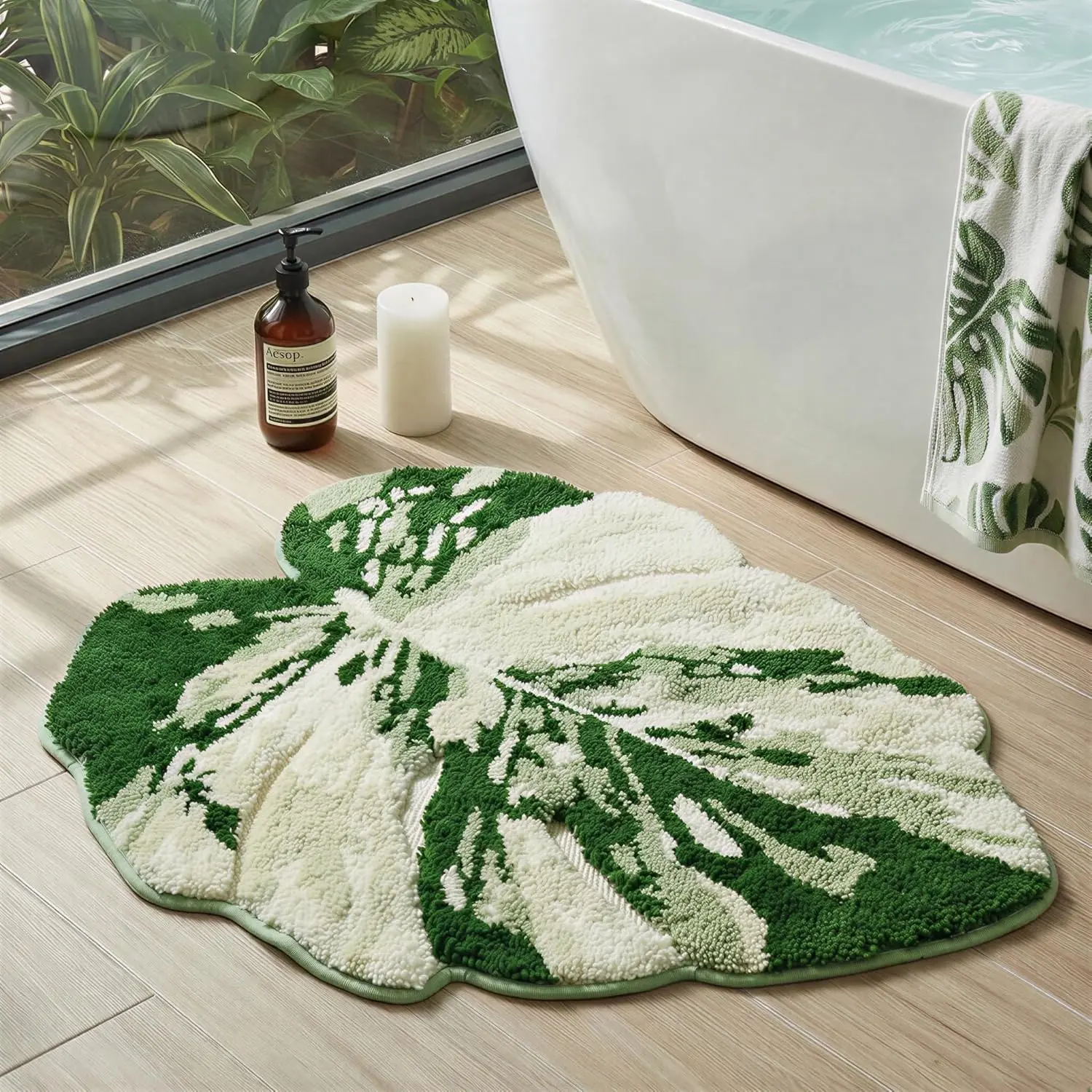 Luxury Sage Green Leaf Bathroom Mat Monstera, 32.3"x36.6" Extra Soft, Absorbent Washable Tufted Bath Rug, Non-Slip TPR Backing, Plush Shaggy Bath Carpet for Floor, Bathtub