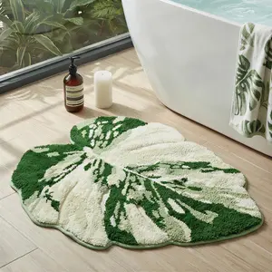 Luxury Sage Green Leaf Bathroom Mat Monstera, 32.3"x36.6" Extra Soft, Absorbent Washable Tufted Bath Rug, Non-Slip TPR Backing, Plush Shaggy Bath Carpet for Floor, Bathtub