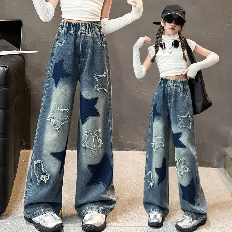 CUDDCLIO Girls' Y2K Star-Patterned Denim Wide-Leg Jeans with Elastic Waistband Comfy Loose Fit Versatile for All Seasons & Occasions Ages 8-15 FD679162