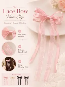 2pcs Ballet Style Bow Hair Clips, Lace Ribbon Long Tail Heart Barrettes, Elegant Wedding Hair Accessories, Gift for Women