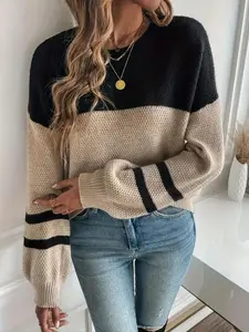 Plus Size Patchwork Drop Shoulder Sweater, Casual Long Sleeve Round Neck Jumper for Fall & Winter, Women's Plus Clothing for Daily Wear??gift??