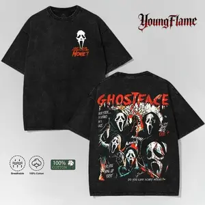 Menswear Ghost Face Horror Short-Sleeve T-Shirt, Scary Movie Graphic Tee, Retro Halloween Festive Vintage Washed Oversized Casual Unisex Streetwear Top boys merch male clothing,summervibes