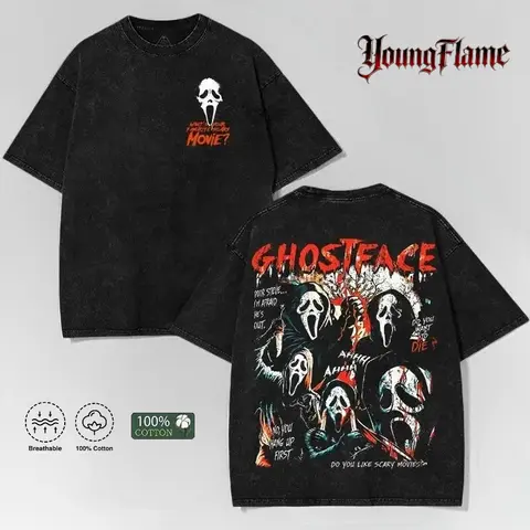 Men's Oversized Ghost Face Graphic T-Shirt, Vintage Washed Horror Movie Streetwear Top with a Round Neck and Short Sleeves, Tshirt