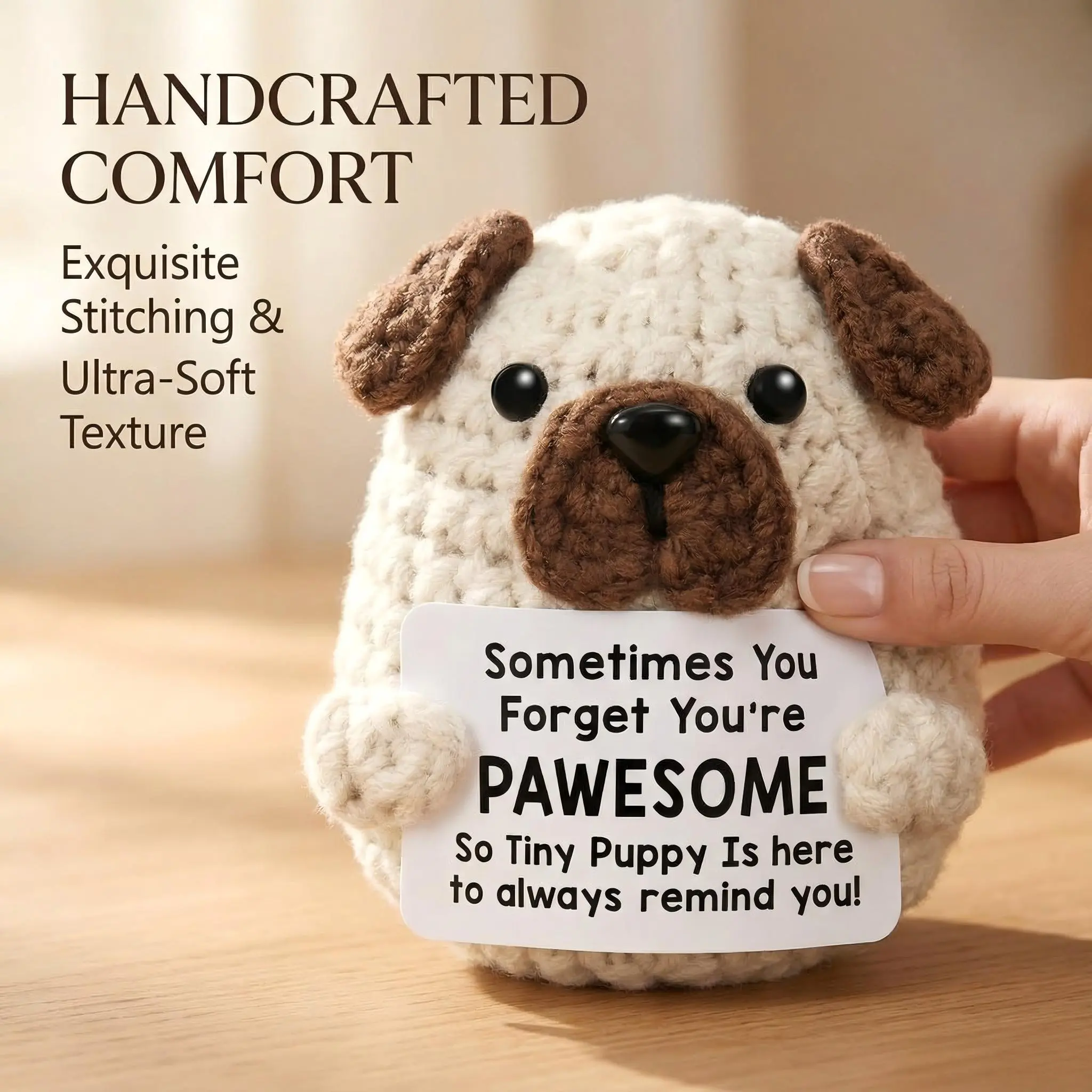 Handmade Crochet Positive Pug Plush | Cute Knitted Puppy Dog Doll Soft Stress Relief Toy | Motivational Emotional Support Plushie | Perfect Gift for Birthday Christmas Graduation | Cute Desk Decor Bag Charm Keychain fyp cute handmade crochet stressrelief