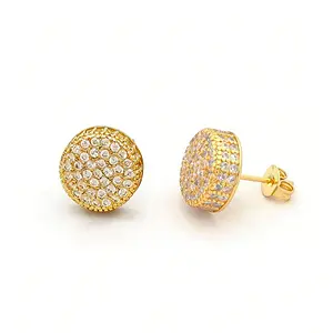 14k Gold Plated Round Circle Mens Inlaid Cubic Zirconia Earrings Hip Hop Iced Out CZ Stud Earrings for Men Valentine's Day Gift