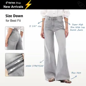 [New Collection] High Waist High Stretchy Wide Leg Jeans Raw Hem Denim Pants Womenswear Trouser Streetwear