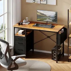 Gaming Computer Desk with Power Outlet & LED Strip, Reversible Storage Shelves for Home Office