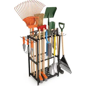 3-Tier Metal Garden Tool Organizer Yard Tool Rack with 14 Hooks & 5 Slots, Holds 50+ Rakes/Shovels/Brooms, Heavy Duty Freestanding Lawn Tool Storage for Garage Shed Outdoor Organization