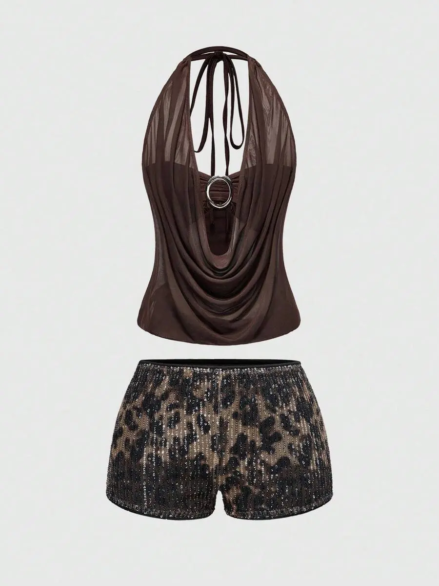 Womens Leopard Sequin 2 Piece Set | Draped Cowl Halter Top & Mini Shorts | Sexy Y2K Party Festival Outfit
