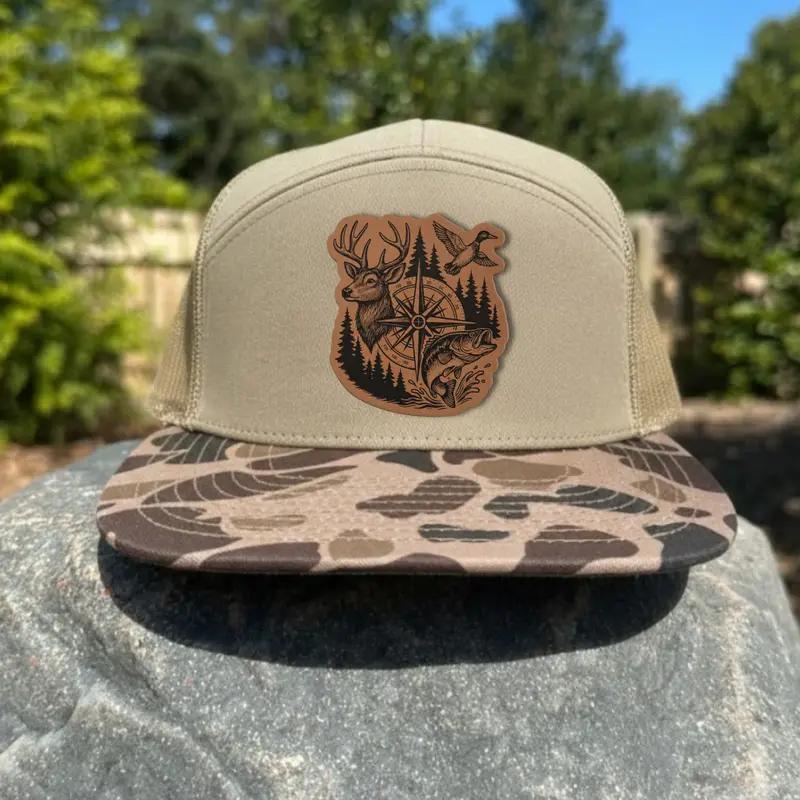 Hunting Trucker Hat with Deer Duck Fish Compass Patch – Duck Hunter Gift – Outdoor Camo Cap for Men – Fisherman & Bow Hunter Hat