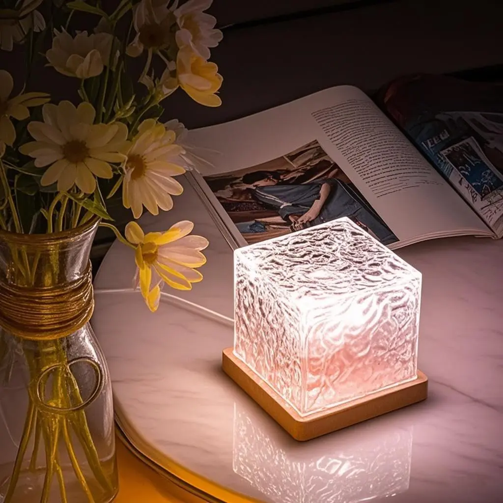 Rechargeable Acrylic Cube Shower Lamp - No Wiring, 16 Color-Changeable Ocean Wave Projector, Dimmable Waterproof, Remote-Controlled Rotating Flame Water Ripple Light for Bathroom, Bedroom Decor (Cool Room & Bathroom Gadget)