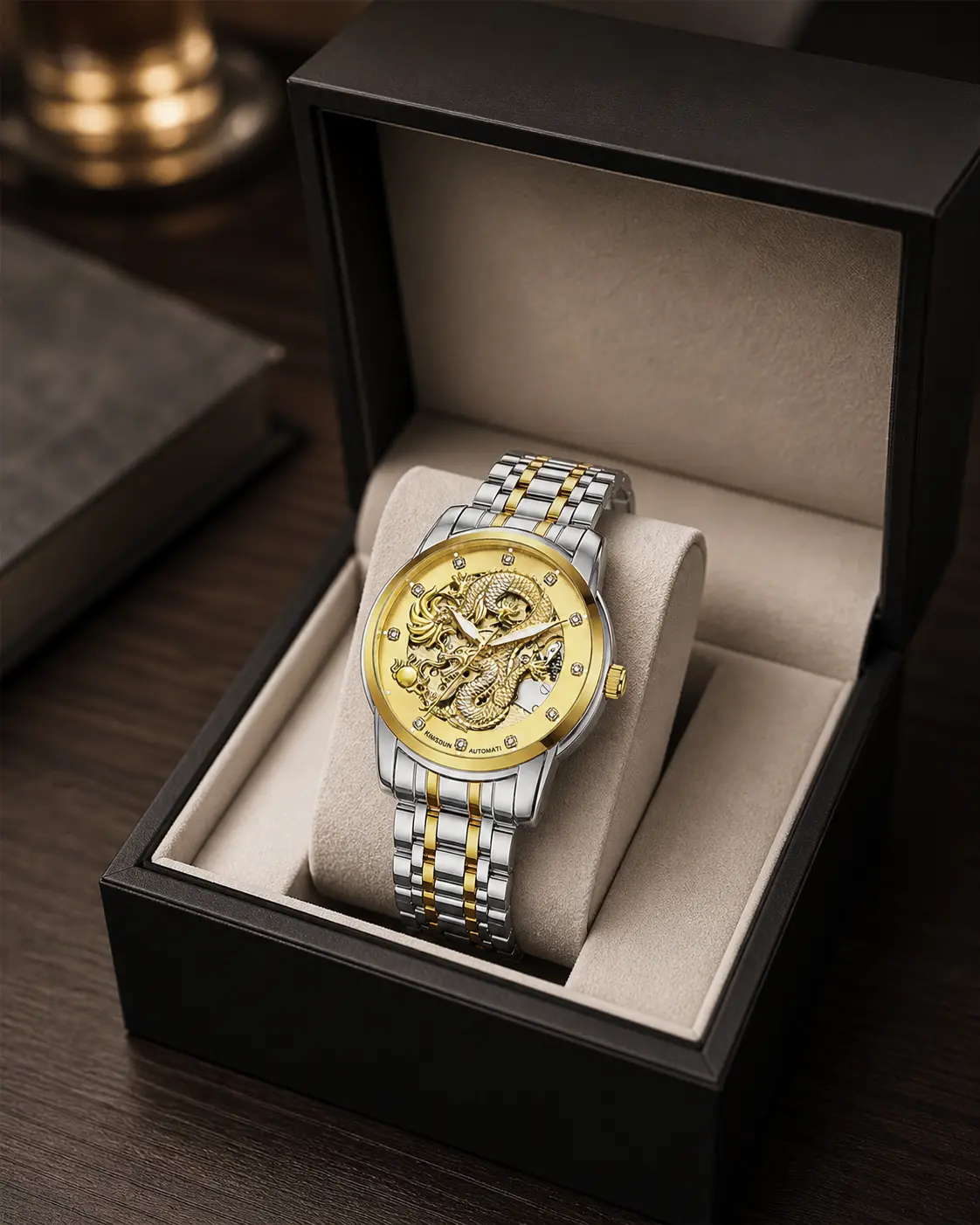 Luxury Dragon Motif Mechanical Skeleton Watch with Stainless Steel Band and Water Resistant Function for Sophisticated Men and Trendsetters
