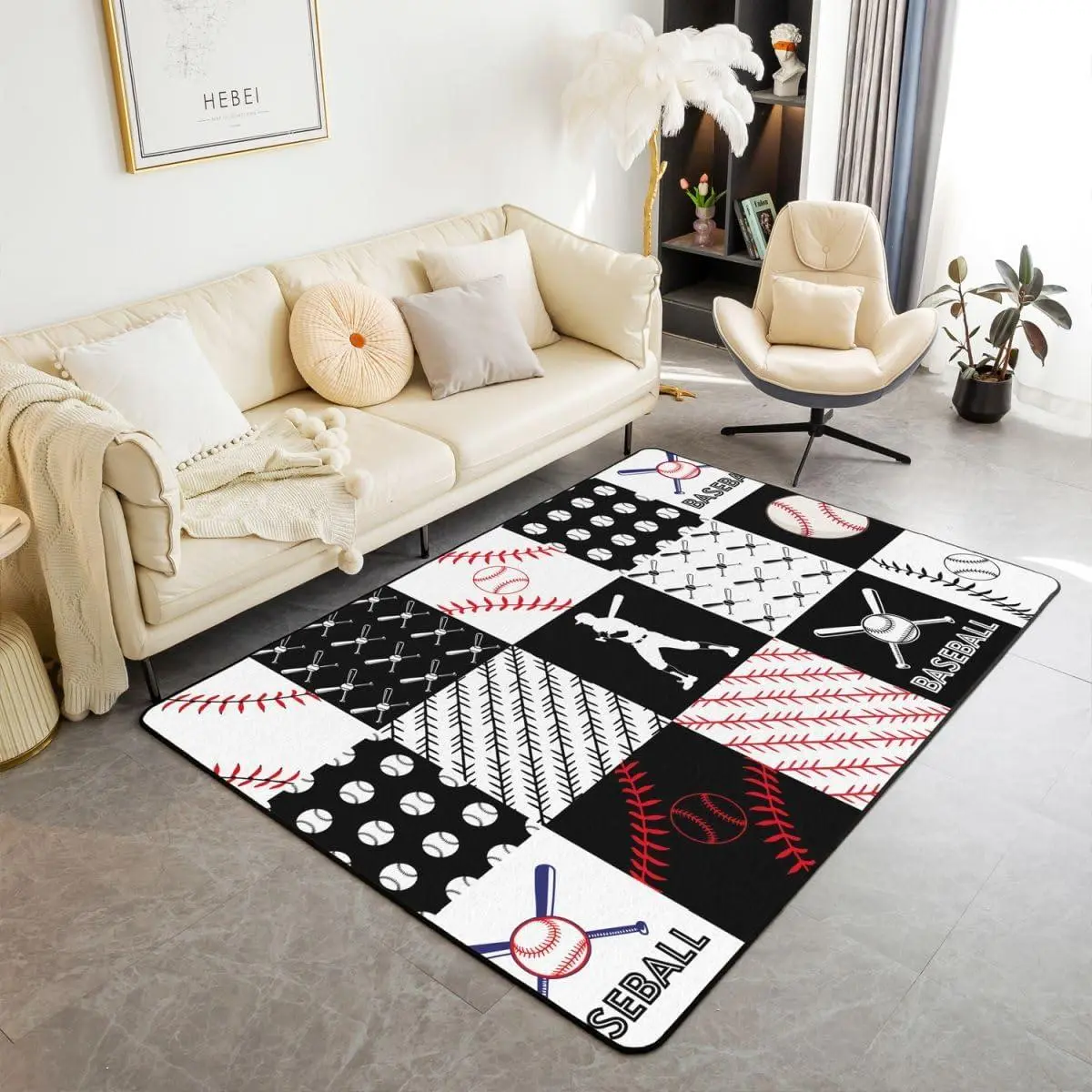 Kids Baseball Area Rug Sports Game Decorative Carpet Set Baseball Gaming Living Room Rugs Red White Black Plaid Indoor Floor Mat Room Decorations Accent Rug