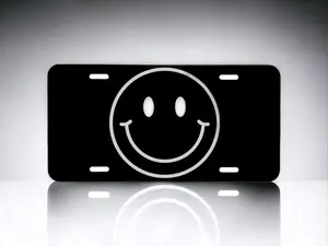 Smiley Happy Face Aluminum Laser Engraved Front License Plate - Retro 90s Aesthetic Car Tag - Positivity Vibes Vanity Plate - Cute Gift for Him & Her