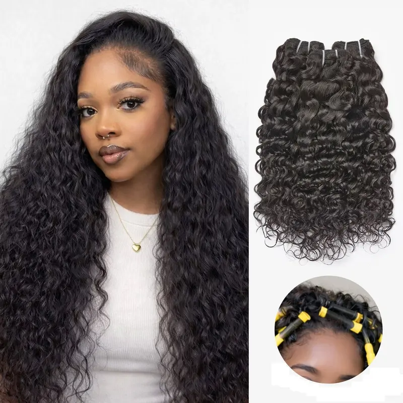 [Wequeen] Water Wave Hair Bundles 12-28 Inch Budget Friendly 10A Grade Brazilian 100% Human Hair Wet Look Quick Weave Sew in/Glue in Free Perm Rods Wavy Bundles Human Hair Black Human Hair Bundles