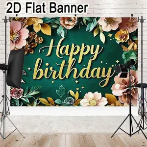 2D flat banner, 1pcTeal & Gold Happy Birthday Card Decor, Paper - Craft Flowers Birthday Greeting Card, Festive Teal Background Pink Peach Gold Floral Birthday Invitation Card