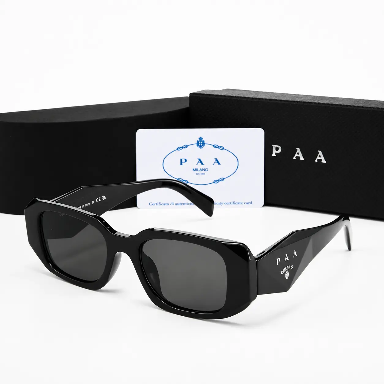 Premium Luxury Rectangle Sunglasses for Men & Women, Thick Black Frame Designer Style UV400 Eyewear, Streetwear Driving Travel Shades with Full Box Gift Set