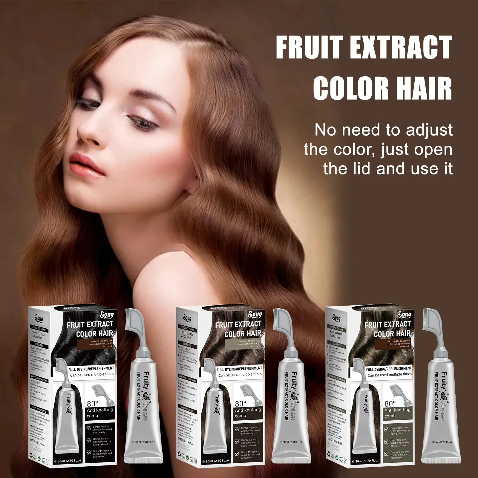 Soug 3-Colors Fruit Extract Hair Dye Comb, No Mixing Built-in Comb Covers Gray Hair & Beard, Gentle Ammonia-Free, Easy Root Touch-Up,Long-Lasting Dye, Nourishing Hair, Ideal for At-Home Coloring