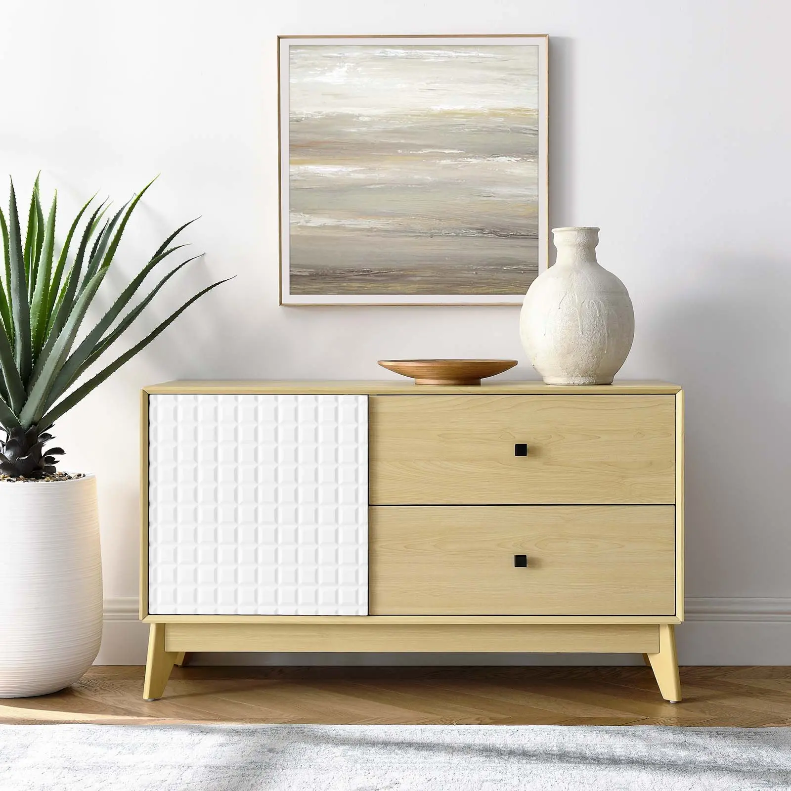 Modway Nectar 43" Natural White Wood Grain Accent Cabinet, Kitchen Buffet Sideboard Cupboard with Clean Design