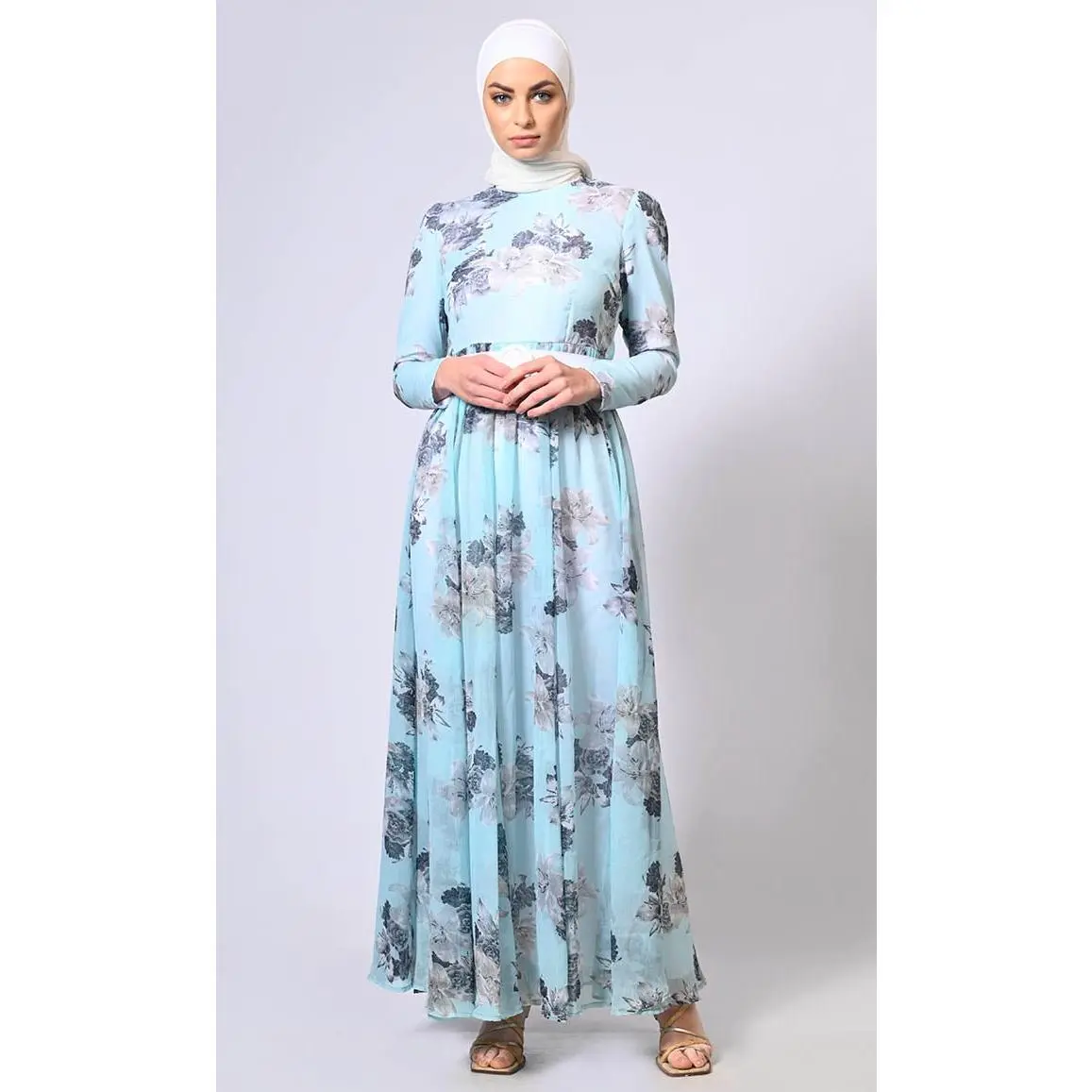 Women's Blue Printed Flared Abaya With Belt