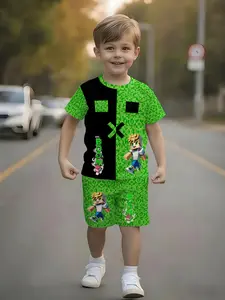 Boys' Pixel Character Two-Piece Set, Short Sleeve T-Shirt + Shorts, Block Style, Casual Playwear, Loose-Fitting, All Seasons